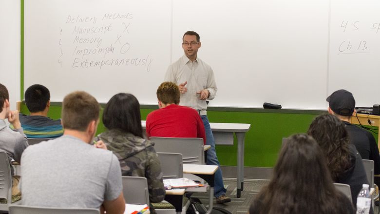 Daniel Mansson, Ph.D., associate professor of communication arts and sciences at Penn State Hazleton, teaches a class at the campus.
