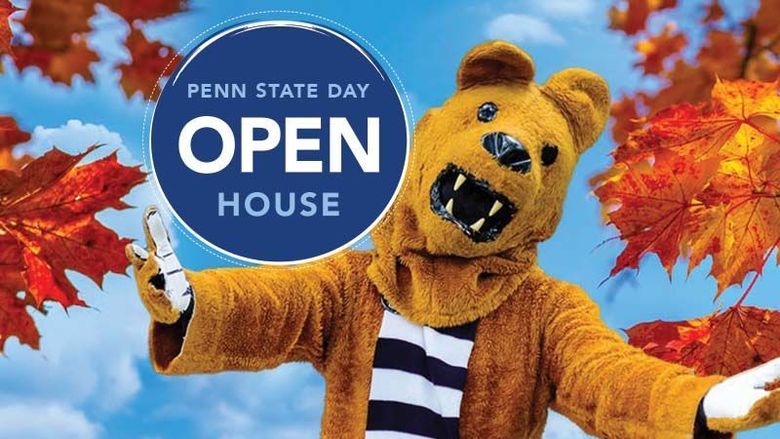 Nittany Lion with outstretched arms and foliage in background.