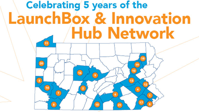 Celebrating 5 years of the LaunchBox & Innovation Hub Network, with a map of PA showing where each hub is located across the state