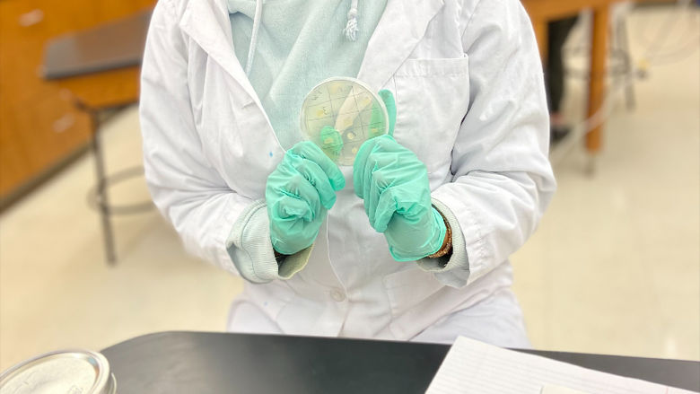 Student wearing personal protective equipment holds a petri dish with bacteria growing on it in a biology lab
