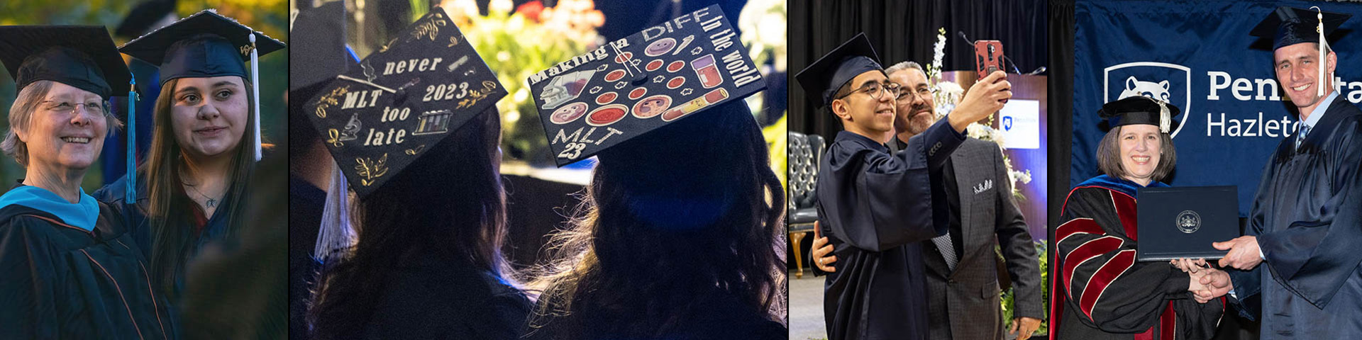 Four photos of graduation scenes. Female professor and female graduate both wearing graduation regalia. Two female graduates with their caps decorated. A male graduate in regalia taking a selfie with his father. A female administrator shaking hands with a male graduate and handing him his diploma.