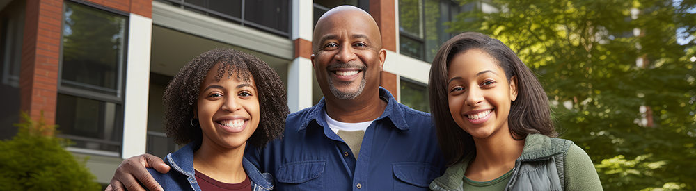 A mother, father, and a teenage girl and a teenage girl standing together with their arms around each other and smiling