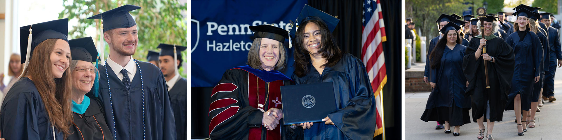 Three photos of graduation scenes. Female professor, female graduate and male graduate each wearing graduation regalia. A female administrator shaking hands with a female graduate and handing her a diploma. A processional of graduates in caps and gowns walking on a sidewalk being led by a female administrator carrying a staff with medallion.