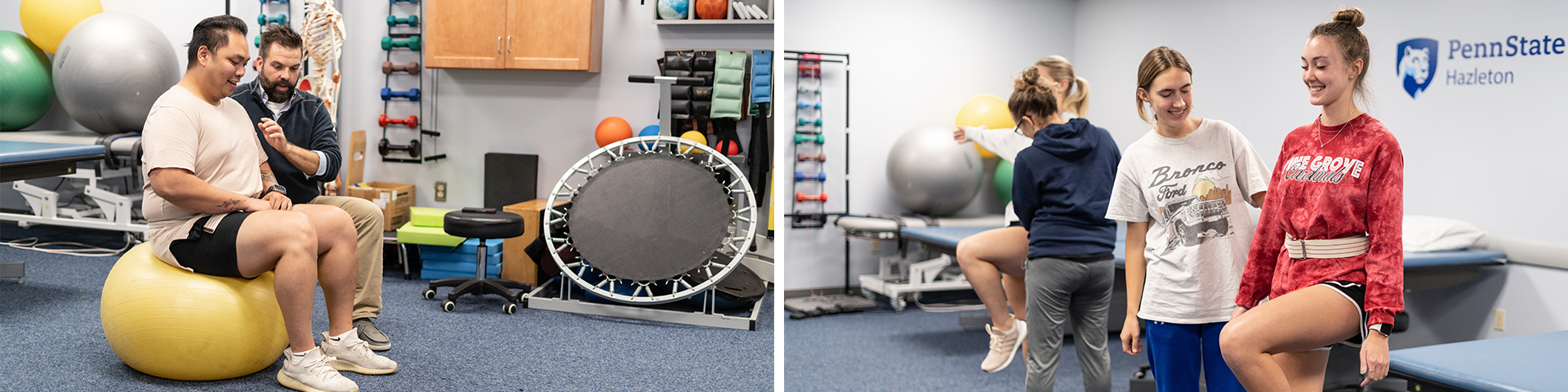 There are two photos. On the left, an instructor working with a student who is sitting on a yellow medicine ball surrounded by Physical Therapy equipment. On the right, there are two female students in the foreground practicing balancing exercises with two other students doing similar work in the background. 