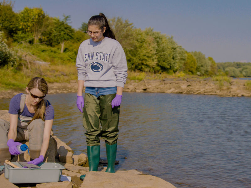 Students looking at water sample along a river bank.