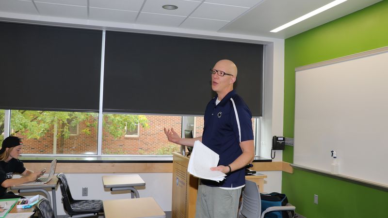 Assistant Professor of Rehabilitation and Human Services Garrett Huck teaches a class at Penn State Hazleton.