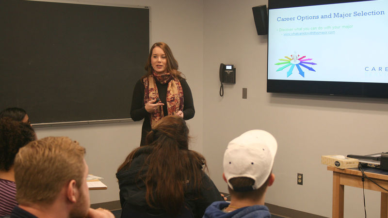 Career Services Coordinator Kaitlyn Krasucki speaks to students in Justin Nordstrom’s First-Year Experience class.
