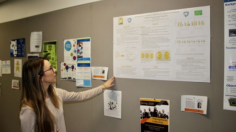 Megan Schall Professor in classroom pointing at scientific posters on wall