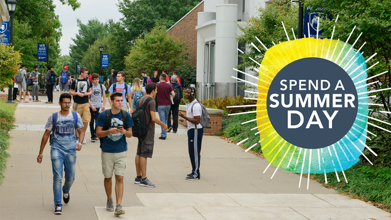 Group of students walking down a sidewalk on a college campus next to sun-style graphic that reads "Spend a Summer Day"