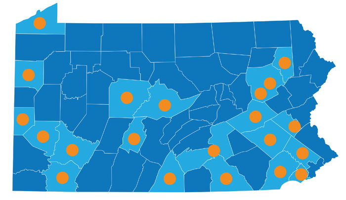 Innovation Hub Map of PA, indicating where each of the 21 innovation hubs are located across the state