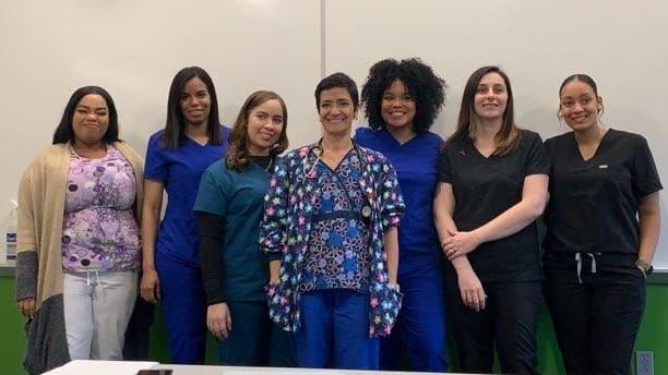Phlebotomy graduates and their instructor are, from left: Tianna Benjamin, Esther Chevalier, Lauri Colon Japa, instructor Maribel Rosa, Yomila Hernandez, Laura Paulshock and Angelisse Cruz.