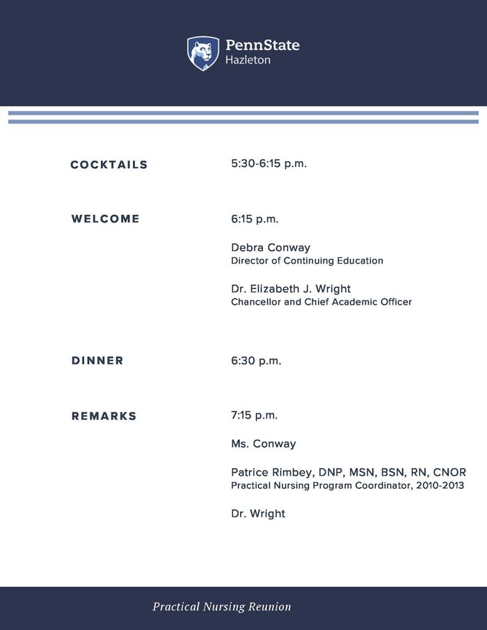 List showing speakers due to make remarks during reunion ceremony including Debra Conway, continuing education director, Elizabeth Wright, chancellor and chief academic officer, and Patrice Rimbey, former program director