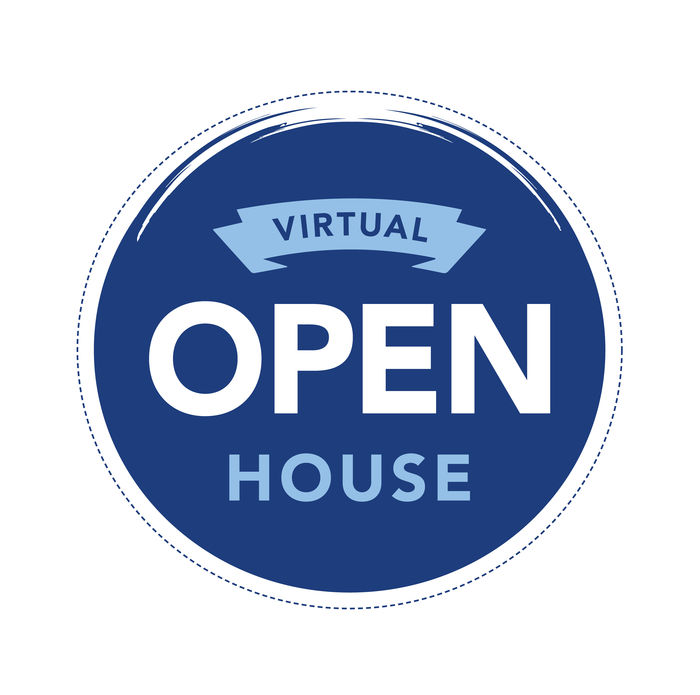 Blue and white graphic with text reading "Virtual Open House"