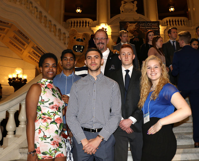 Penn State Hazleton was represented at Capital Day by, front row, from left, Emmanuela Blanc, Edward Callaham and Dixie McCoy. Center row, Ramkumar Jayaveerapandian and David Acker. At back are the Nittany Lion and Chancellor Gary Lawler. 