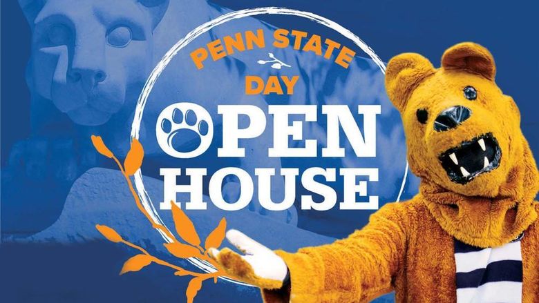 Lion with outstretched arms against a background with orange leaves and text that reads "Penn State Day Open House"