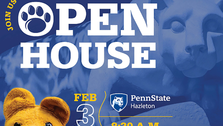 Open House in white letters with a paw print in the "O," the date of Saturday, Feb. 3 at 8:30 a.m., and a Nittany Lion head peeking over the lower left corner of the image.