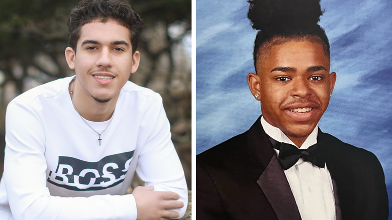 Two photos of students; one in a suit with a black bow tie and another leaning over a rock with arms folded in front of him in a white long sleeved shirt.