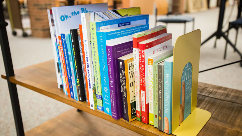 The meditation corner features a variety of books.