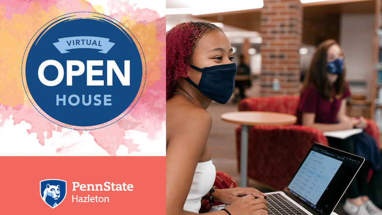 Penn State Hazleton Virtual Open House image with two students in masks doing classwork.