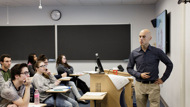 Associate Professor of History Justin Nordstrom teaches a class at Penn State Hazleton. Nordstrom’s First Year Engagement (FYE) class at Penn State Hazleton received a recorded response from author Russell Gold.