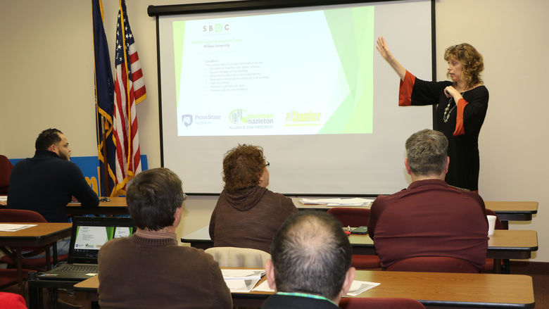 Kathy DeLeo, business consultant with the Small Business Development Center at Wilkes University, presents a seminar at the Greater Hazleton Chamber of Commerce.