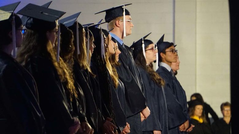 Students in graduation caps and gowns standing in a row