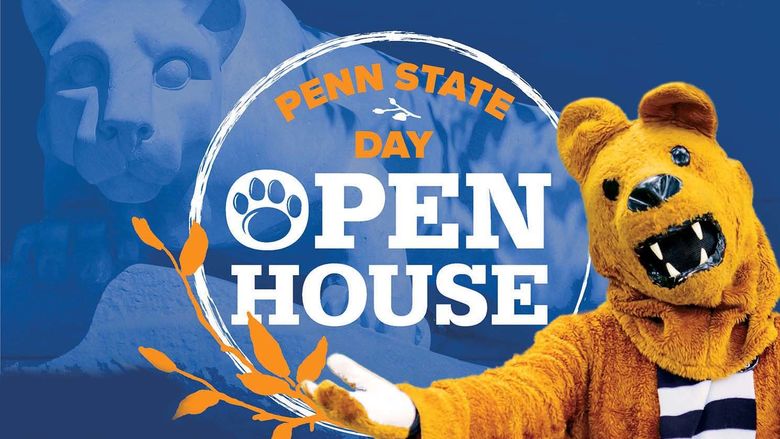 Lion with outstretched arms against a background with orange leaves and text that reads "Penn State Day Open House"