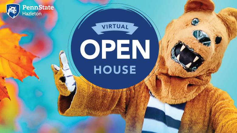 Virtual Open House graphic with autumn leaves and Penn State Nittany Lion.
