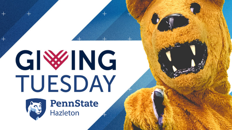 Nittany Lion pointing next to words 'Giving Tuesday'