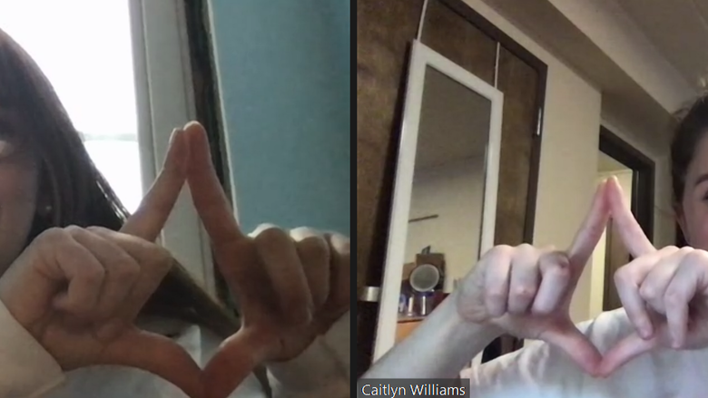 Students on Zoom call using hands to make a diamond symbol