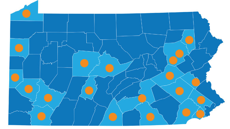 Innovation Hub Map of PA, indicating where each of the 21 innovation hubs are located across the state