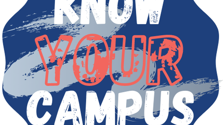 Navy blue, button-shaped graphic with "Know Your Campus" written inside.