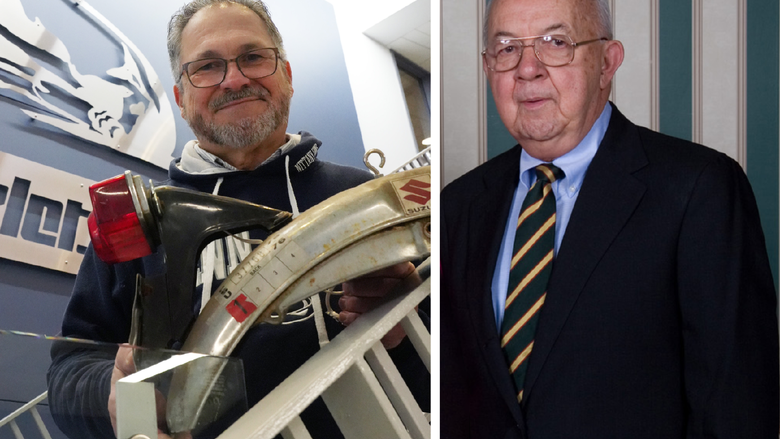 Two men in side by side photos. The one on the left is standing on a stairway in a dark blue Penn State hoodie holding a piece of a motorcycle. The right is a man in a dark suit, blue shirt and tie.
