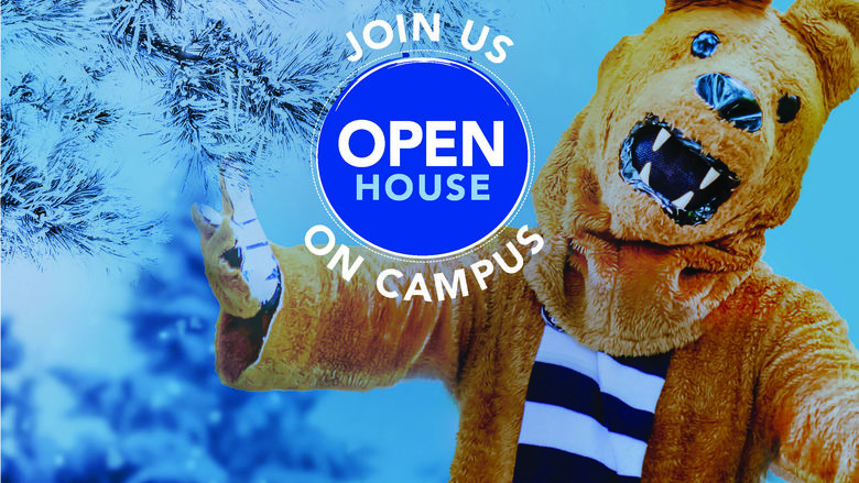 Nittany Lion with arms open and snow-covered trees in background