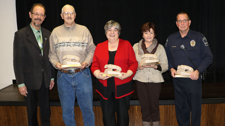 Penn State Hazleton recognized four longtime employees who are retiring at the end of 2016. From left: Chancellor Gary Lawler, Matthew “Gene” Broyan, Sue Ann Cervasio, Donna Ellis and Michael Conway.