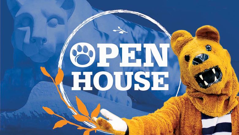 Fall leaves and Nittany Lion with arms outstretched and brown fur with "open house" written