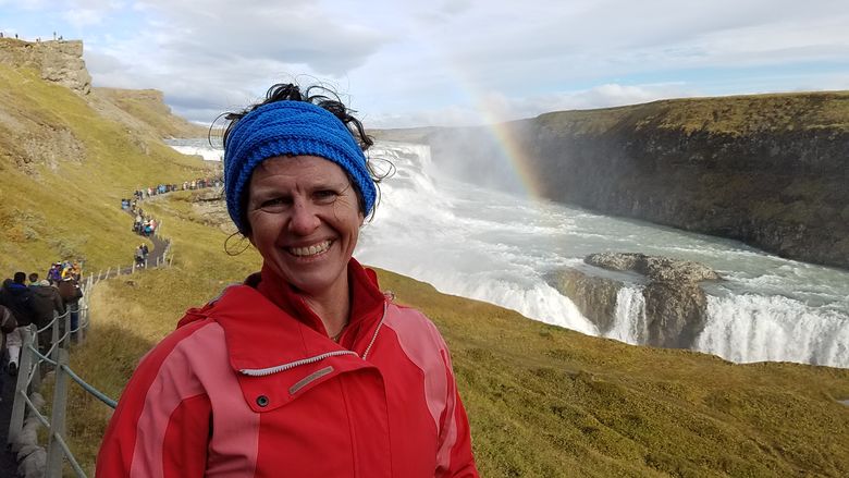 Sherry Robinson, associate professor of business at Penn State Hazleton, spent the fall 2016 semester at Bifrost University in Iceland as a Fulbright recipient. Here she stands in front of the Gullfoss waterfall in the Golden Circle cluster.