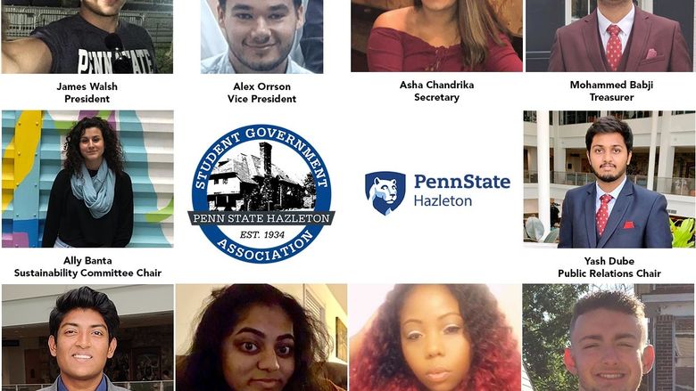 Penn State Hazleton logo and Student Government Association logos surrounded by head shots of new chairs/officers.