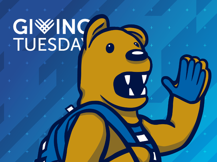 Cartoon-style image of a brown lion waving with a backpack over its shoulder and words "Giving Tuesday" behind it.