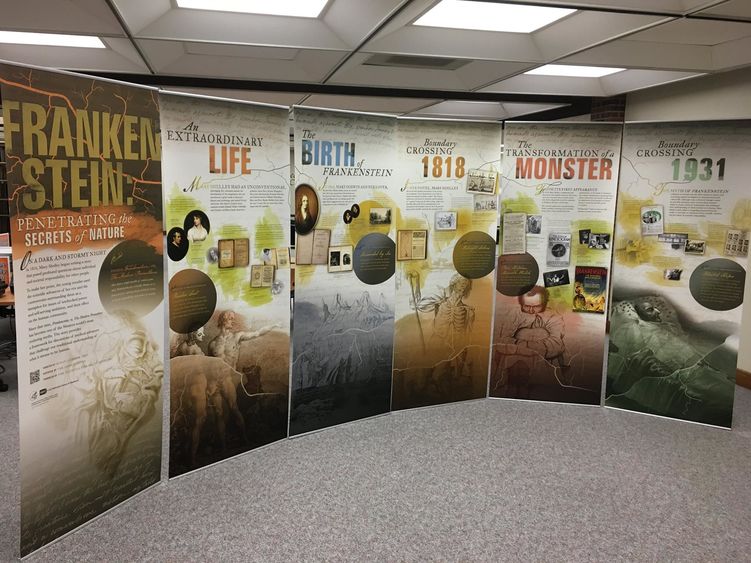 six-panel exhibit on story of Frankenstein, life of Mary Shelley and conflict with medical advances six-panel exhibit on story of Frankenstein, life of Mary Shelley and conflict with medical advances