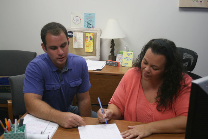 Alpha Sigma Lambda scholarship winner Joshua Miller meets with academic adviser Tammy Spevak, Alpha Sigma Lambda committee member and scholarship chair at Penn State Hazleton. Alpha Sigma Lambda scholarship winner Joshua Miller meets with academic adviser Tammy Spevak, Alpha Sigma Lambda committee member and scholarship chair at Penn State Hazleton.