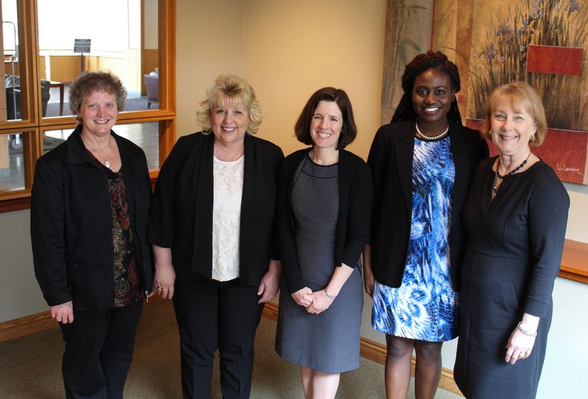 Recipients of the Penn State Commission for Women 2016 Achieving Women Award include, from left: Toni Chainey, Kimberly Jo Neibert, Elizabeth Wright, Estella Obi-Tabot and Carol McQuiggan. Not shown, Niki Page and Juan Qiu.