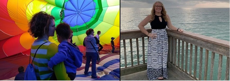 Split collage of adult learners. On the left a woman and child inside a colorful parachute. On the right a woman standing with the ocean behind her.