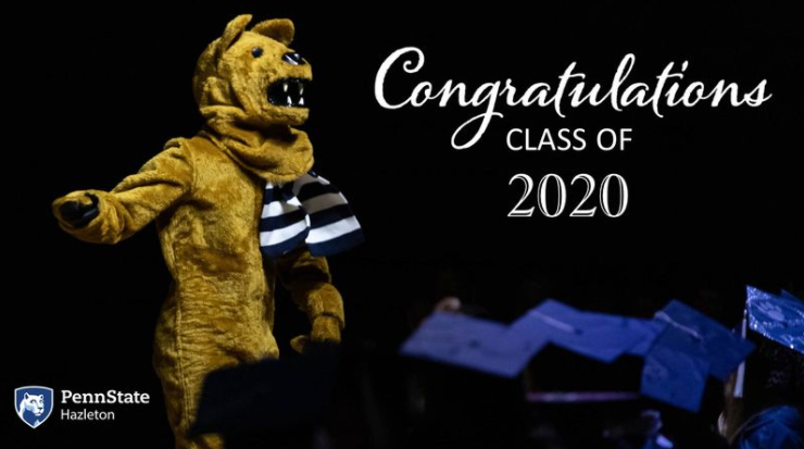 Nittany Lion in front of graduates in caps and gowns with "Congratulations Class of 2020"