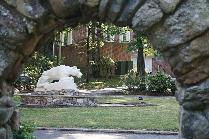 A stone lion statue in a grassy area with a stone archway in the foreground