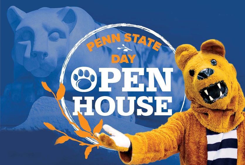 Lion with outstretched arms against a background with orange leaves and text that reads "Penn State Day Open House"