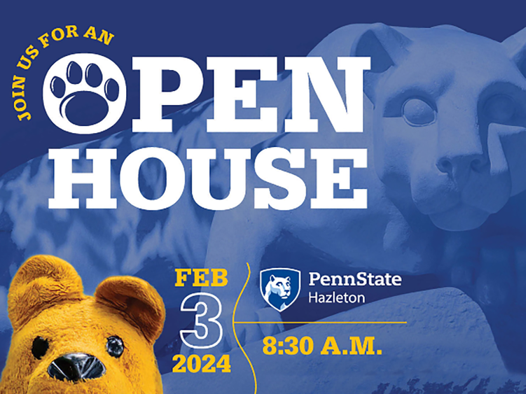 Open House in white letters with a paw print in the "O," the date of Saturday, Feb. 3 at 8:30 a.m., and a Nittany Lion head peeking over the lower left corner of the image.