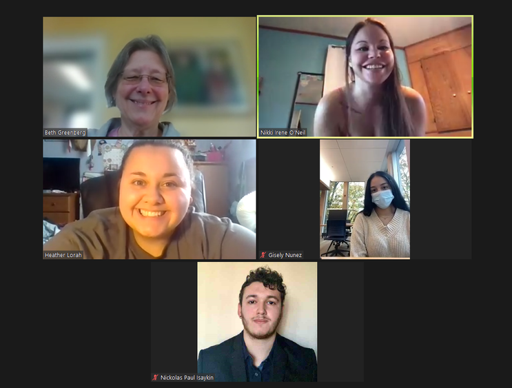 Five people including students and an instructor smiling during a Zoom chat.