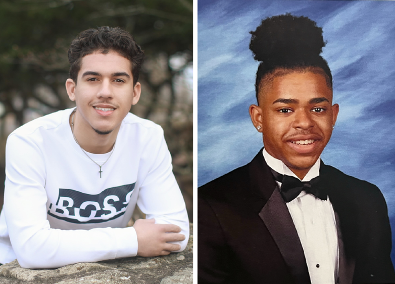 Two photos of students; one in a suit with a black bow tie and another leaning over a rock with arms folded in front of him in a white long sleeved shirt.