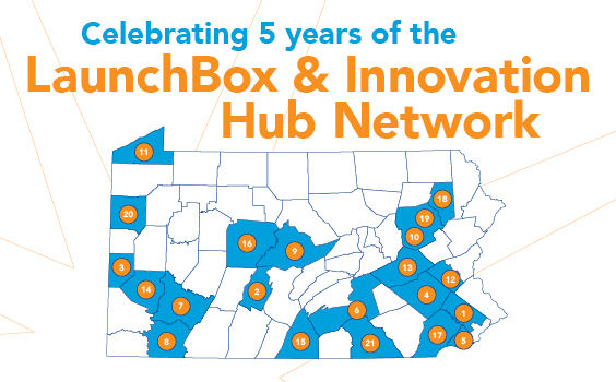 Celebrating 5 years of the LaunchBox & Innovation Hub Network, with a map of PA showing where each hub is located across the state